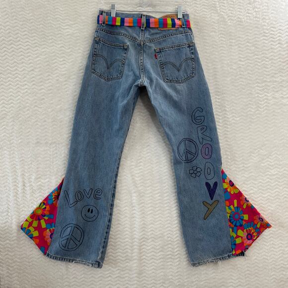 Reworked Levis 517 Jeans Wide Leg Rainbow Hippie Peace Love Womens Sz 30 x 30 - Picture 4 of 15